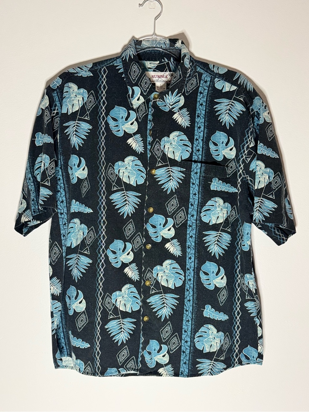 Summa Silk and cotton Hawaiian Shirt Men’s L Black Floral Aloha Camp Button Up‎